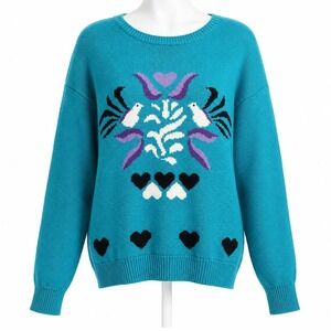 Tan Jay Lovebird Heart Novelty Knit Sweater Birds Hearts Blue Womens Small
